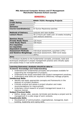 MSc Advanced Computer Science and IT Management  Manchester Business School courses  SEMESTER 1