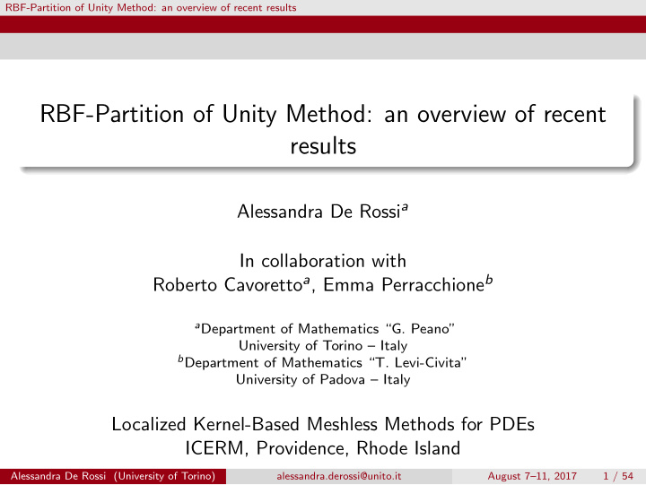 rbf partition of unity method an overview of recent