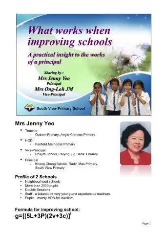 What works when  improving schools  A practical insight to the works  of a principal  Sharing by :