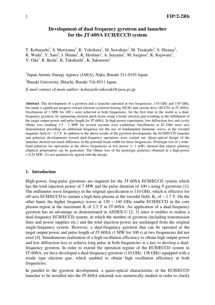 1 fip 2 2rb development of dual frequency gyrotron and