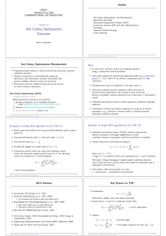 Ant Colony Optimization  Capacited Vehicle Routing  Linear Ordering  Exercises  Marco Chiarandini