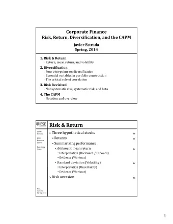 Risk &amp; Return  Three hypothetical stocks  Javier  Go  Estrada  Returns  IESE  Go