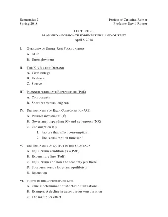Economics 2  Professor Christina Romer  Spring 2018  Professor David Romer  LECTURE 20  PLANNED