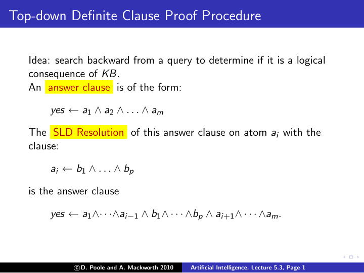 top down definite clause proof procedure
