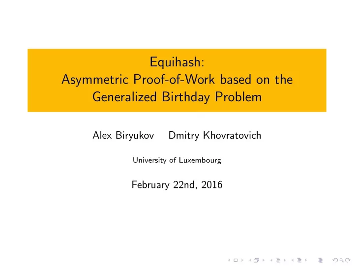equihash asymmetric proof of work based on the