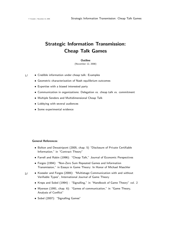 strategic information transmission cheap talk games