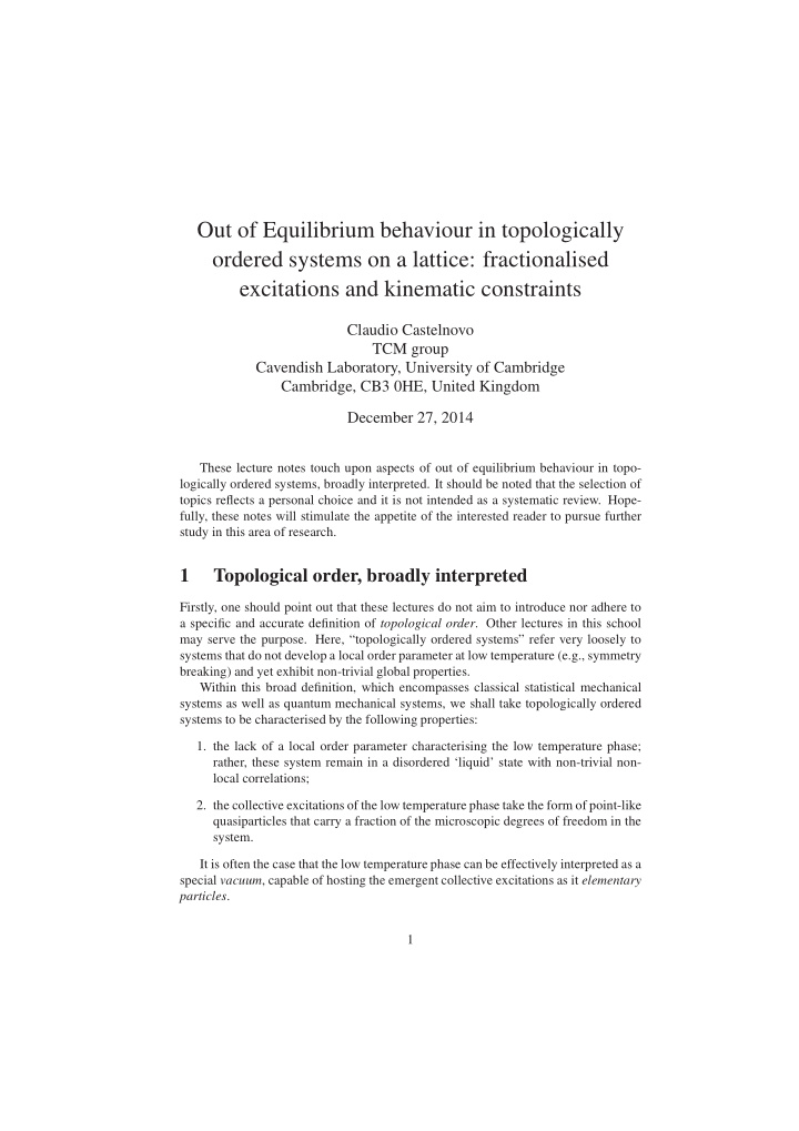 out of equilibrium behaviour in topologically ordered