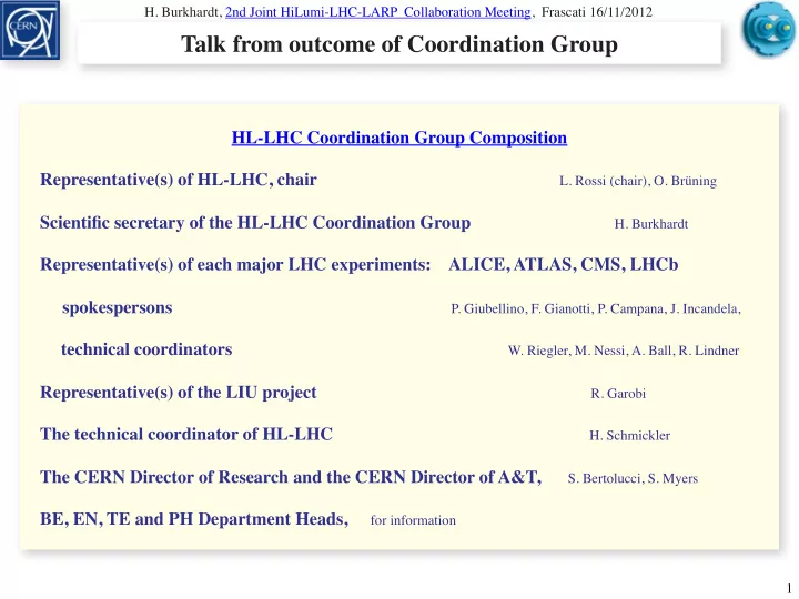 talk from outcome of coordination group