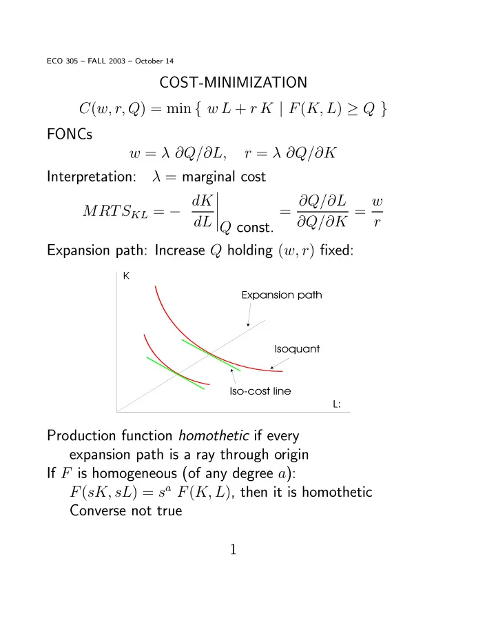 cost minimization c w r q min w l r k f k l q foncs w q l