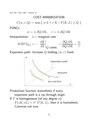 COST-MINIMIZATION C ( w, r, Q ) = min { w L + r K | F ( K, L )  Q }  FONCs w =   Q/  L,