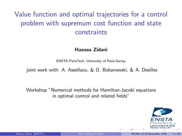 value function and optimal trajectories for a control