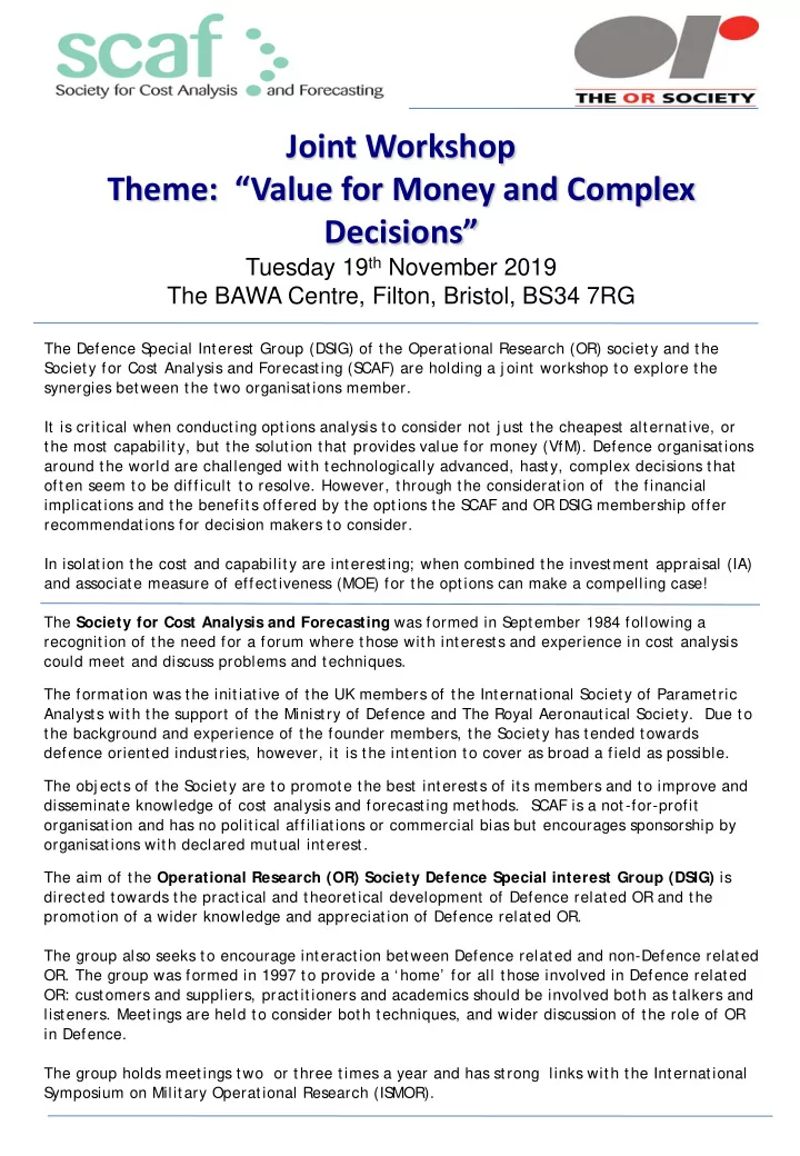 joint workshop theme value for money and complex decisions