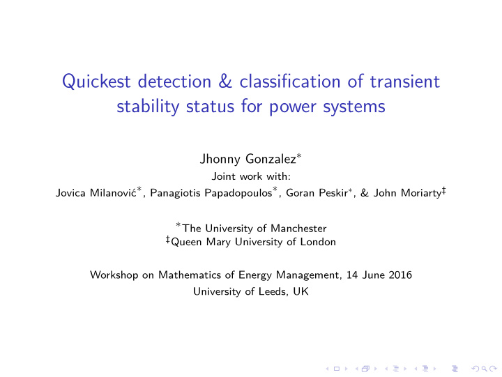 quickest detection classification of transient stability