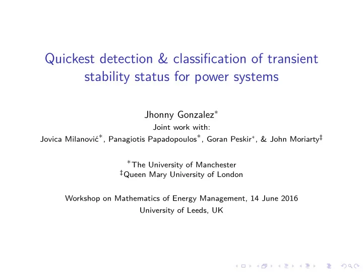 quickest detection classification of transient stability