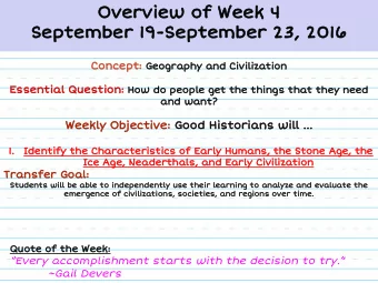 Overview of Week 4  September 19-September 23, 2016 Concept: Geography and Civilization Essential