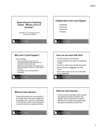 Collaboration wont just happen  Supervising Co-Teaching  Teams:  Whose Line is it  Deliberate