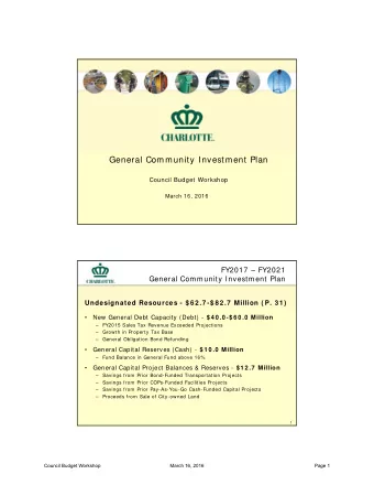 General Community Investment Plan  Council Budget Workshop  March 16, 2016  FY2017  FY2021