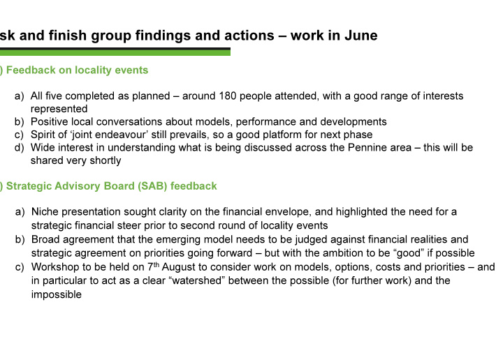 sk and finish group findings and actions work in june