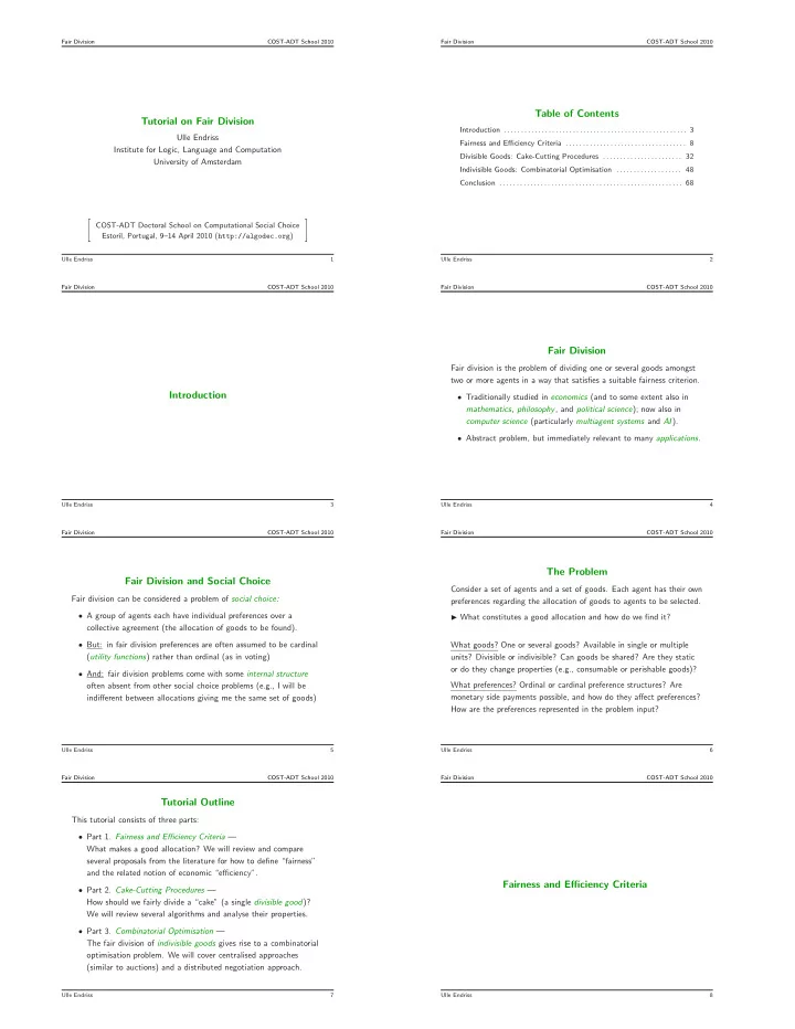 table of contents tutorial on fair division