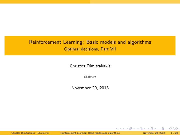 reinforcement learning basic models and algorithms