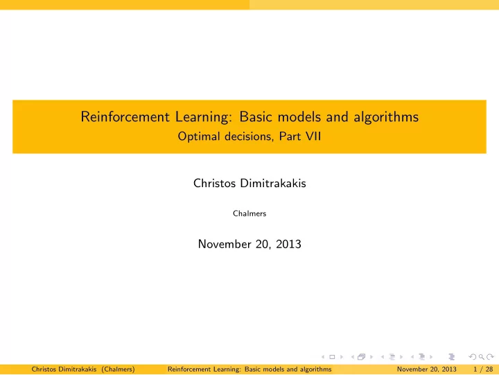reinforcement learning basic models and algorithms