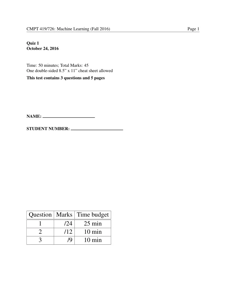 question marks time budget 1 24 25 min 2 12 10 min 3 9 10