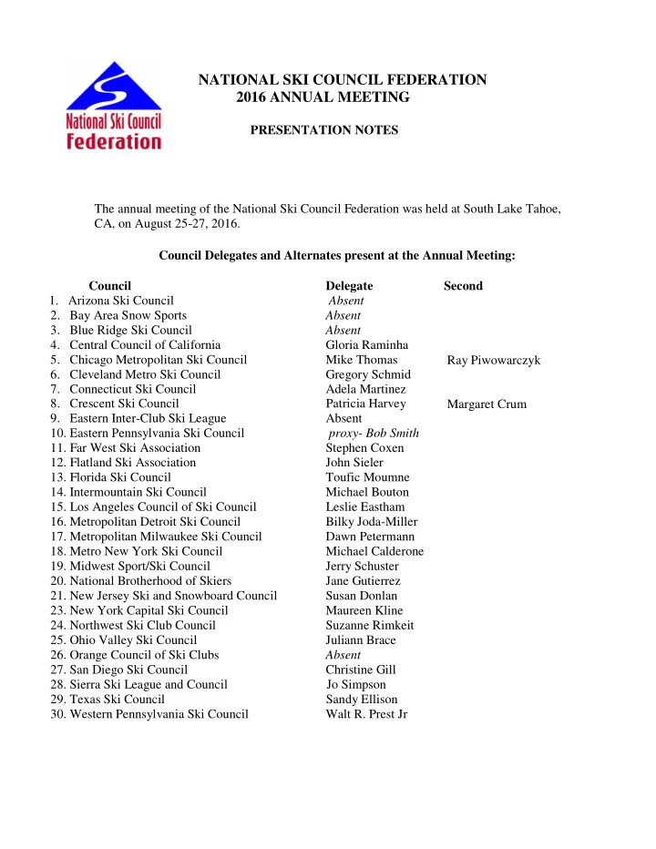 national ski council federation 2016 annual meeting