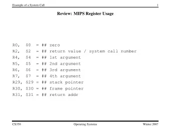 Review: MIPS Register Usage  R0,  $0  = ## zero  R2,  $2  = ## return value / system call number
