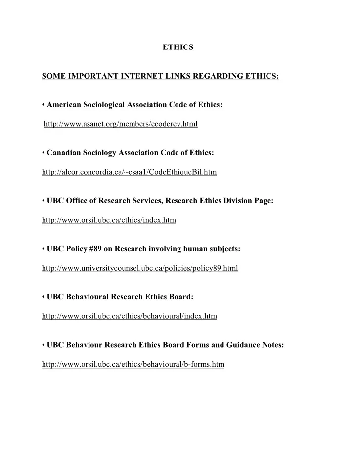 ethics some important internet links regarding ethics