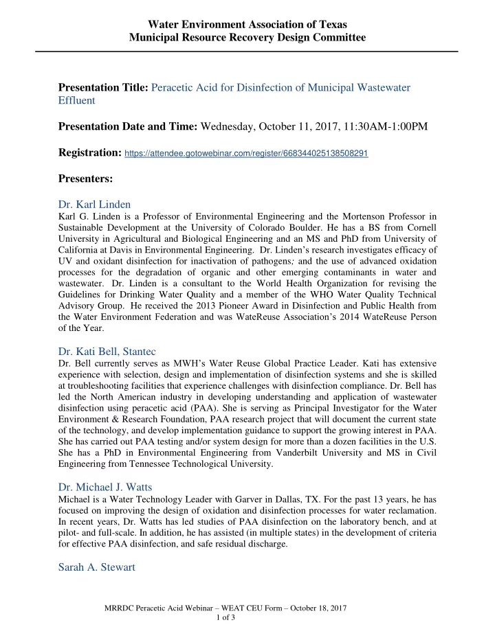 presentation title peracetic acid for disinfection of