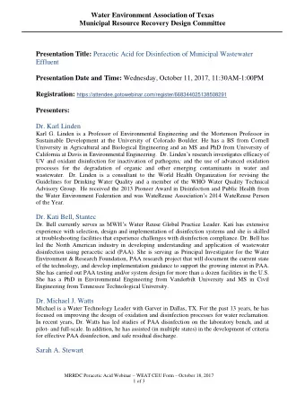 Presentation Title: Peracetic Acid for Disinfection of Municipal Wastewater  Effluent Presentation