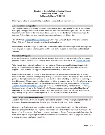 Directors of Graduate Studies Meeting Minutes  Wednesday, March 7, 2018  3:30 p.m.-5:00 p.m., W401