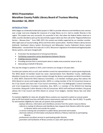 WVLS Presentation  Marathon County Public Library Board of Trustees Meeting  December 16, 2019