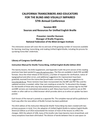 CALIFORNIA TRANSCRIBERS AND EDUCATORS  FOR THE BLIND AND VISUALLY IMPAIRED  57th Annual Conference