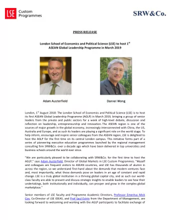 PRESS RELEASE London School of Economics and Political Science (LSE) to host 1 st  ASEAN Global
