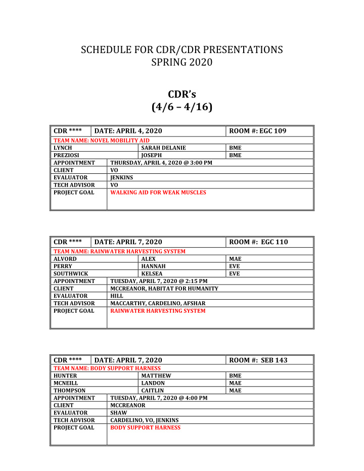 schedule for cdr cdr presentations spring 2020