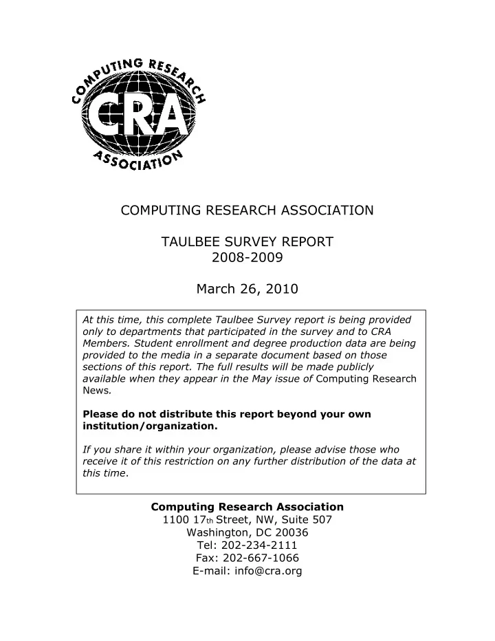 computing research association taulbee survey report 2008