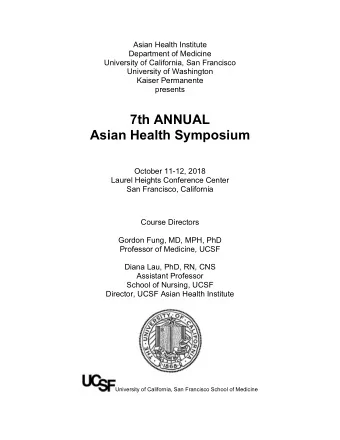 7th ANNUAL  Asian Health Symposium  Medici  October 11-12, 2018  Laurel Heights Conference Center