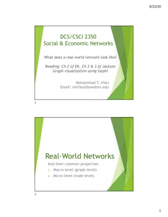 Real-World Networks  And their common properties 1. Macro-level (graph-level) 2. Micro-level