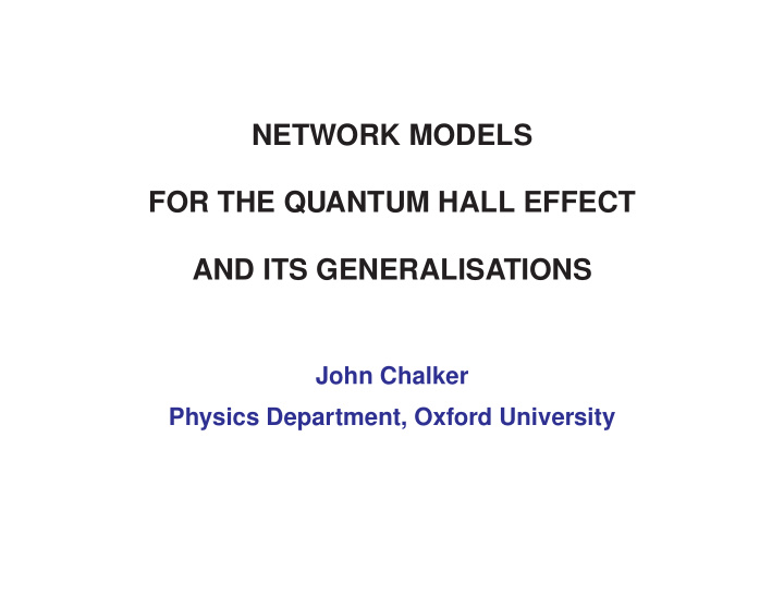 network models for the quantum hall effect and its