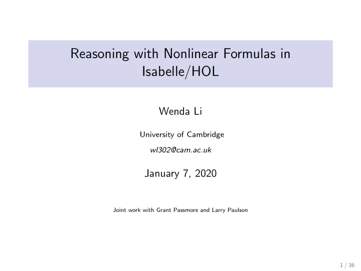 reasoning with nonlinear formulas in isabelle hol