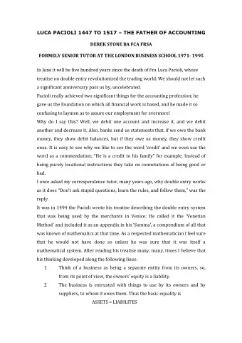 LUCA PACIOLI 1447 TO 1517  THE FATHER OF ACCOUNTING  DEREK STONE BA FCA FRSA  FORMELY SENIOR