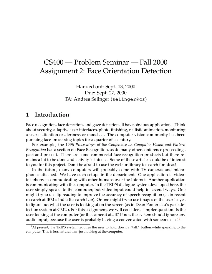 cs400 problem seminar fall 2000 assignment 2 face