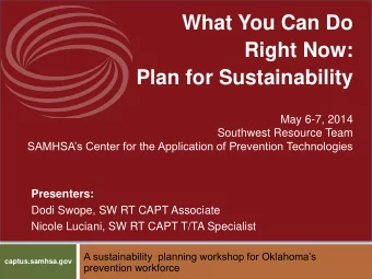 Right Now:  Plan for Sustainability  May 6-7, 2014  Southwest Resource Team SAMHSAs Center for