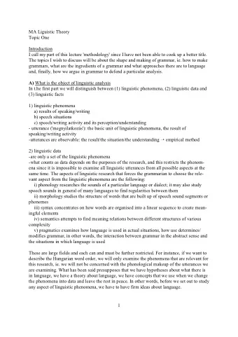 MA Liguistic Theory  Topic One  Introduction  I call my part of this lecture 'methodology' since I