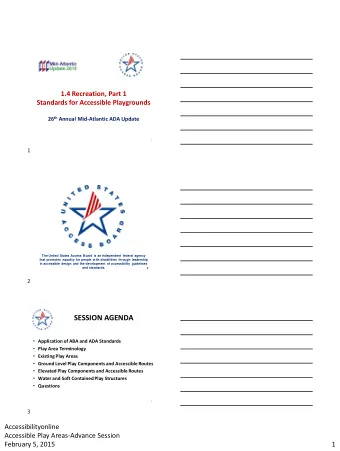 SESSION AGENDA  Application of ABA and ADA Standards  Play Area Terminology  Existing Play