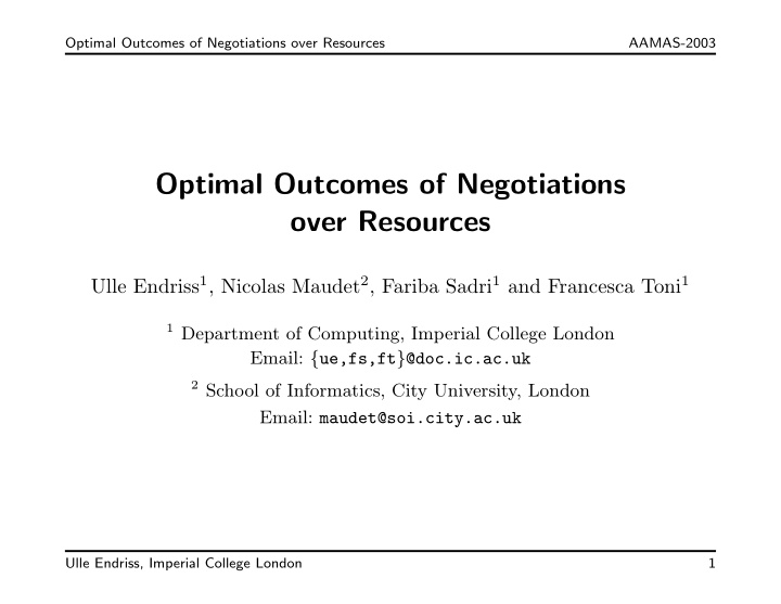 optimal outcomes of negotiations over resources