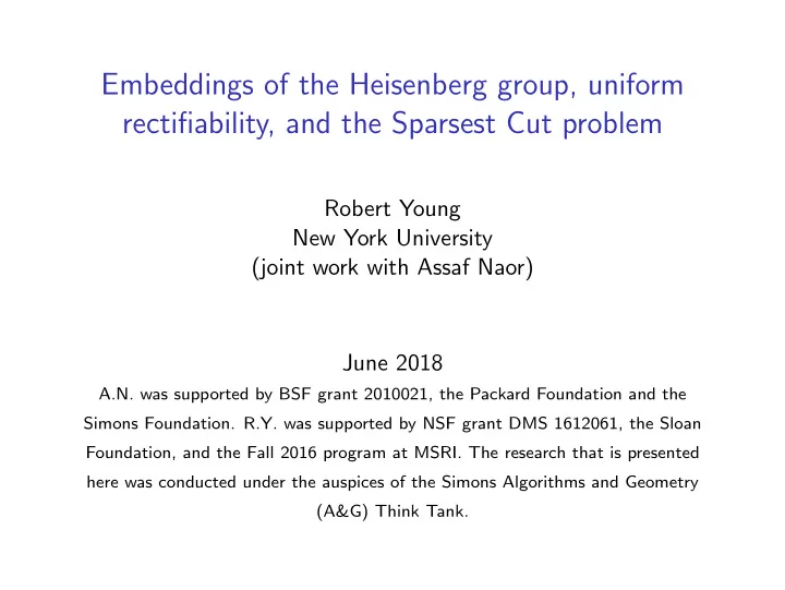 embeddings of the heisenberg group uniform rectifiability