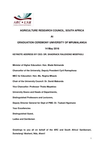 AGRICULTURE RESEARCH COUNCIL, SOUTH AFRICA  At  GRADUATION CEREMONY UNIVERSITY OF MPUMALANGA  14