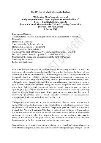 The 21 st Joseph Mubiru Memorial Lecture  Unlocking Africas growth potential  - Aligning